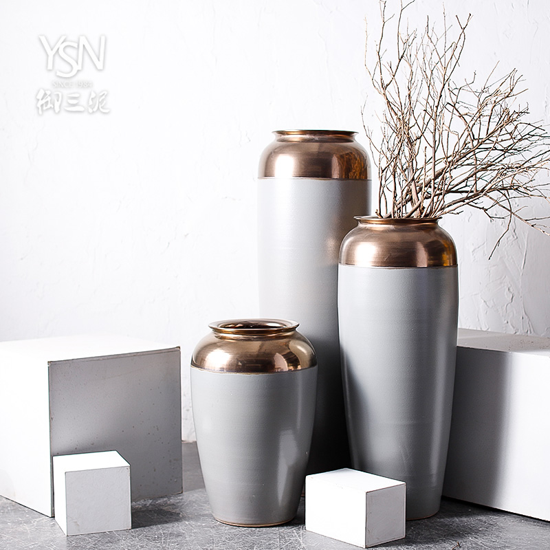 Contracted cement color sitting room hotel decoration ceramic bottle arranging flowers big vase landed Chinese modern furnishing articles in northern Europe