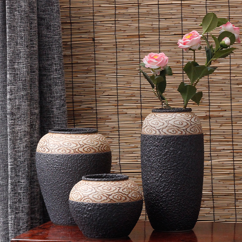 Jingdezhen checking coarse pottery xiangyun Chinese style of black pottery machine dry flower hydroponic flower pot furnishing articles pottery crispy noodles