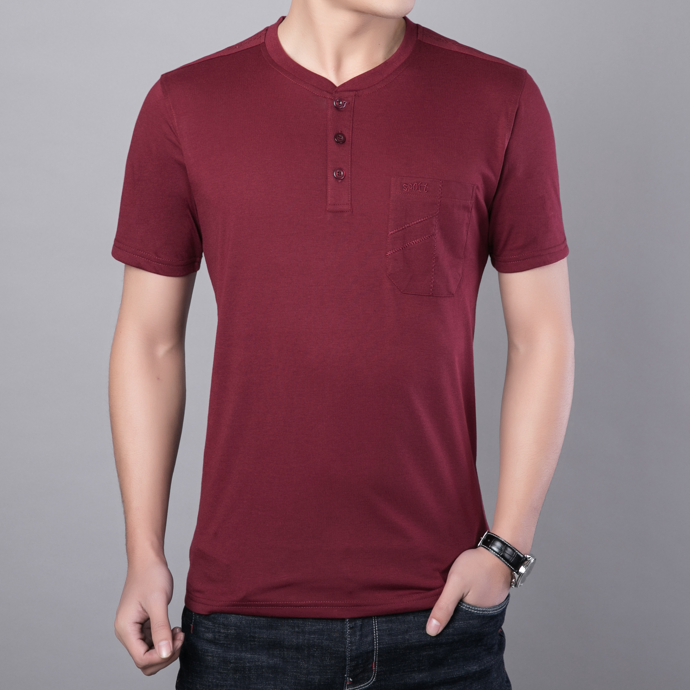 夏天中年人短袖t恤圆领 吸汗棉质中老年男半袖丅血父亲带兜有口袋