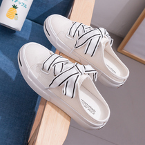 2021 autumn new small white canvas womens shoes half slippers no heel lazy cloth shoes Korean version of Joker autumn trendy shoes