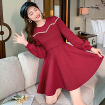 FENING MAJE 2020 Autumn Winter Collar Waist Slimming Long Sleeve Plus Velvet Sweater Dress Black Red Bottom Dress