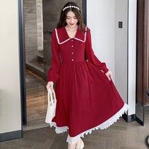 FENING MAJE 2020 Autumn new doll collar lace stitching big dress red vintage dress