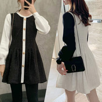 FENING MAJE Korean new color color matching stitching round neck lantern sleeve skirt casual versatile base dress