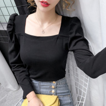 FENING MAJE Tide brand square collar bubble sleeve womens long sleeve T-shirt 2020 Autumn new cotton base