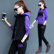 Plus velvet padded sportswear set womens autumn and winter 2020 new fashion hooded long sleeve sweater three-piece warm