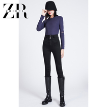 Black high-waisted retro breasted jeans womens 2021 autumn new belly slimming warm pants pencil small pants