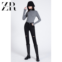 High waist ripped denim pants womens 2021 summer black nine-point pants stretch thin flash pencil pants thin section