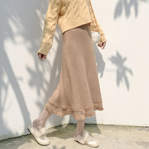 Knitted long skirt womens autumn and winter high waist a-line thickened Japanese wool skirt mid-length winter with sweater