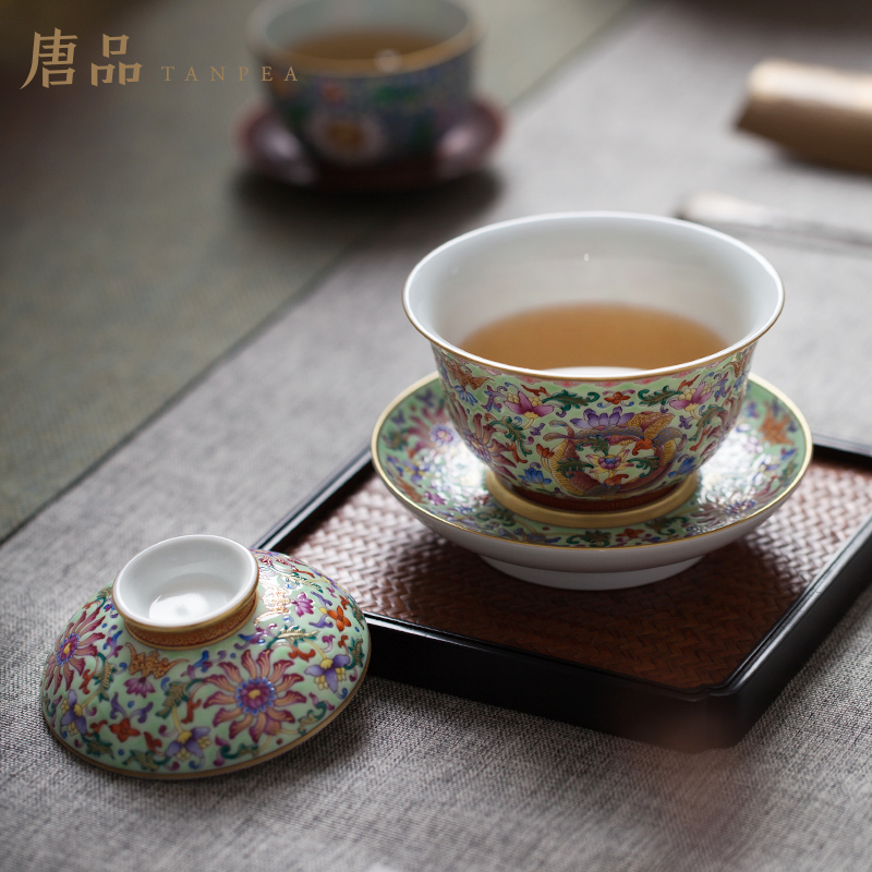 Jingdezhen ceramic hand - made colored enamel see colour tie back as only three lines all hand tureen lotus tea tea bowl