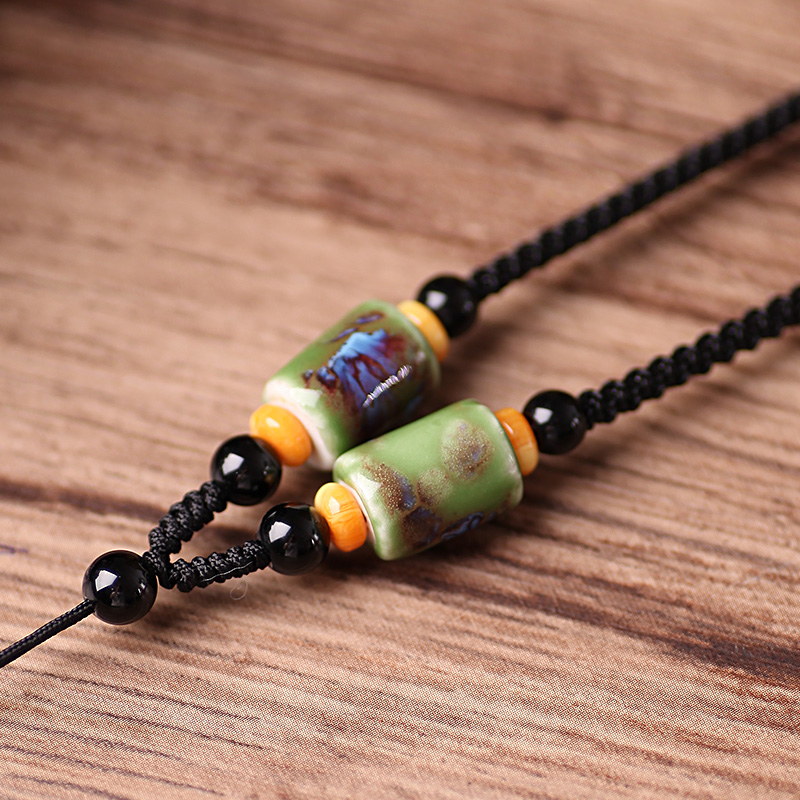 Ceramic barrel bead necklace black rope wek - jin and hand - woven art pendant hang rope restoring ancient ways men and women with hang rope