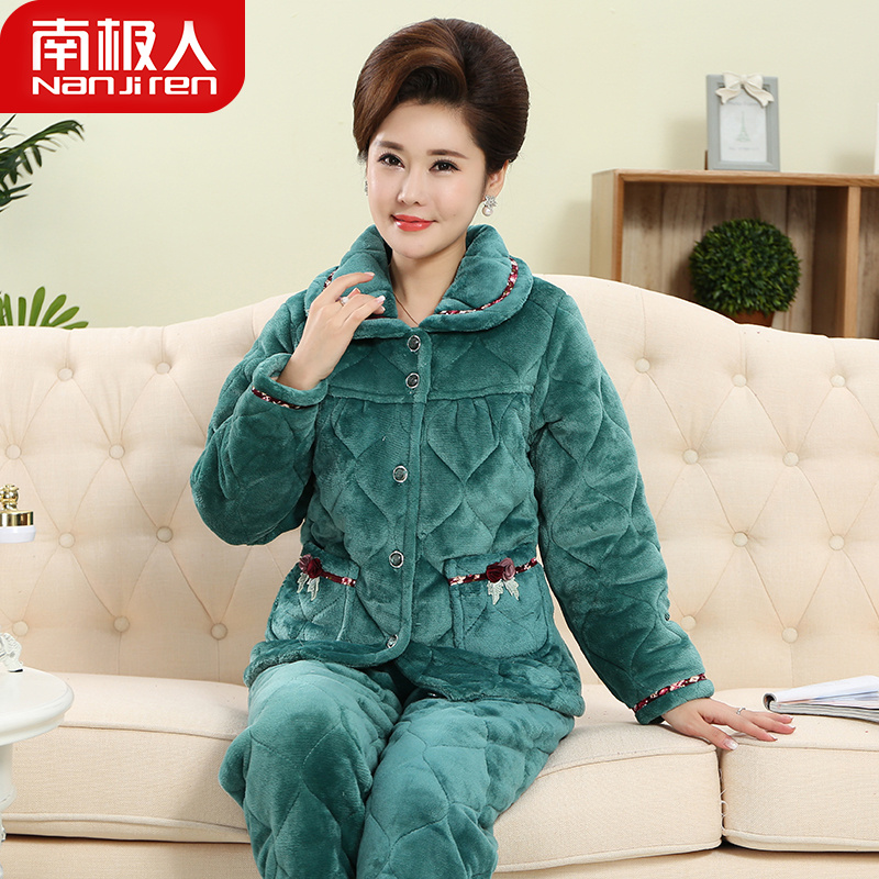 Antarctic people autumn and winter pajamas middle-aged women plus velvet thickened three-layer quilted elderly coral velvet home clothes