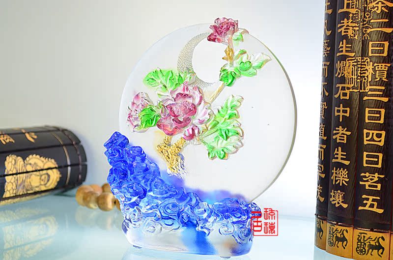 结婚礼物摆件牡丹花琉璃摆件婚庆礼品家庭水晶饰品摆设花好月圆