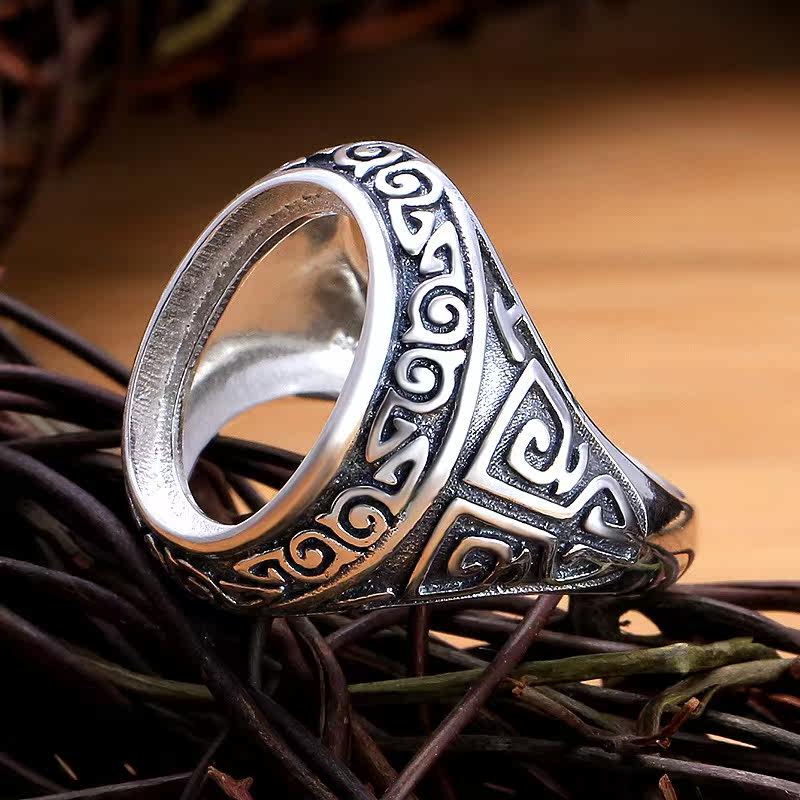 戒指空托 男 s925纯银复古蜜蜡琥珀松石戒托 未镶嵌戒面 16&times;12