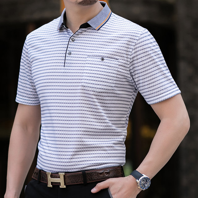 Summer men's ice silk silk short-sleeved T-shirt daddy lapel pure cotton section thin-old-aged middle-aged and older pocket real POLO shirt ເຄື່ອງນຸ່ງຜູ້ຊາຍ
