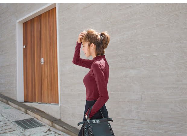 半高领打底衫女薄款秋冬长袖上衣纯色莫代尔棉