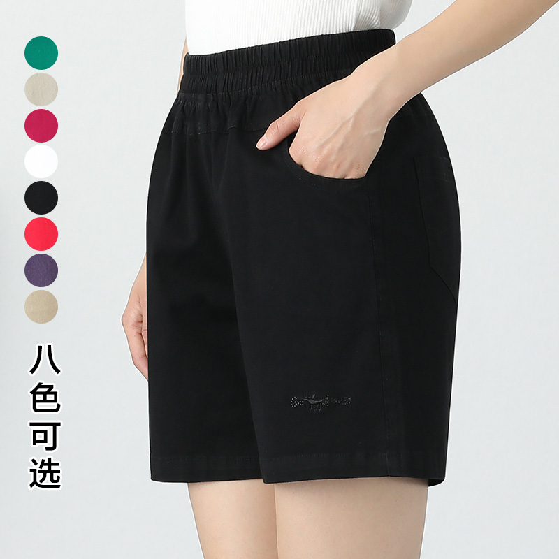 Mom shorts summer thin outer wear elastic waist middle-aged and elderly straight loose summer five-point pants middle-aged women's pants