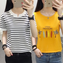 2021 summer new womens Korean version of the large size fat mm pure cotton striped top t-shirt womens short-sleeved loose women fashion trend