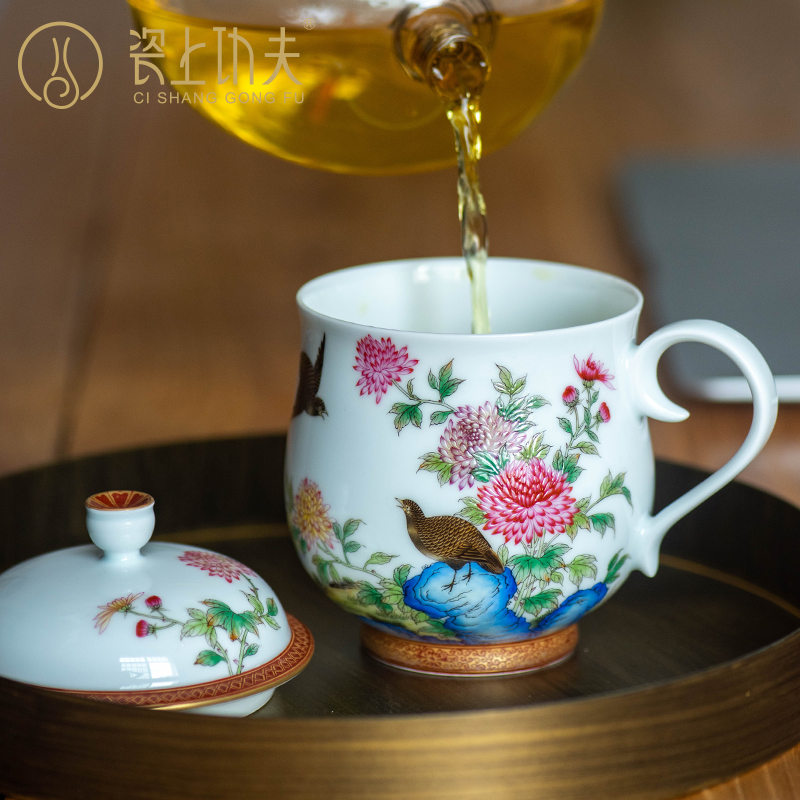 Ceramic colored enamel paint hand - made flowers and birds with cover tea cup tea service office cup home getting high - end gift cups