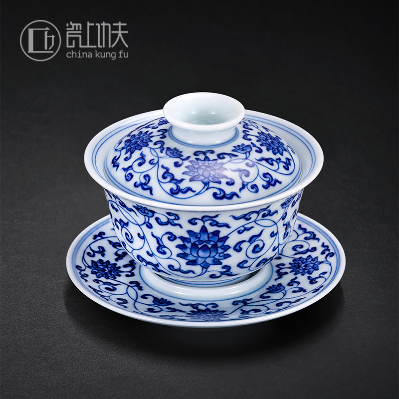 Jingdezhen blue and white kung fu tea pure manual ceramic cups hand - made master cup single pressure hand cup sample tea cup gift