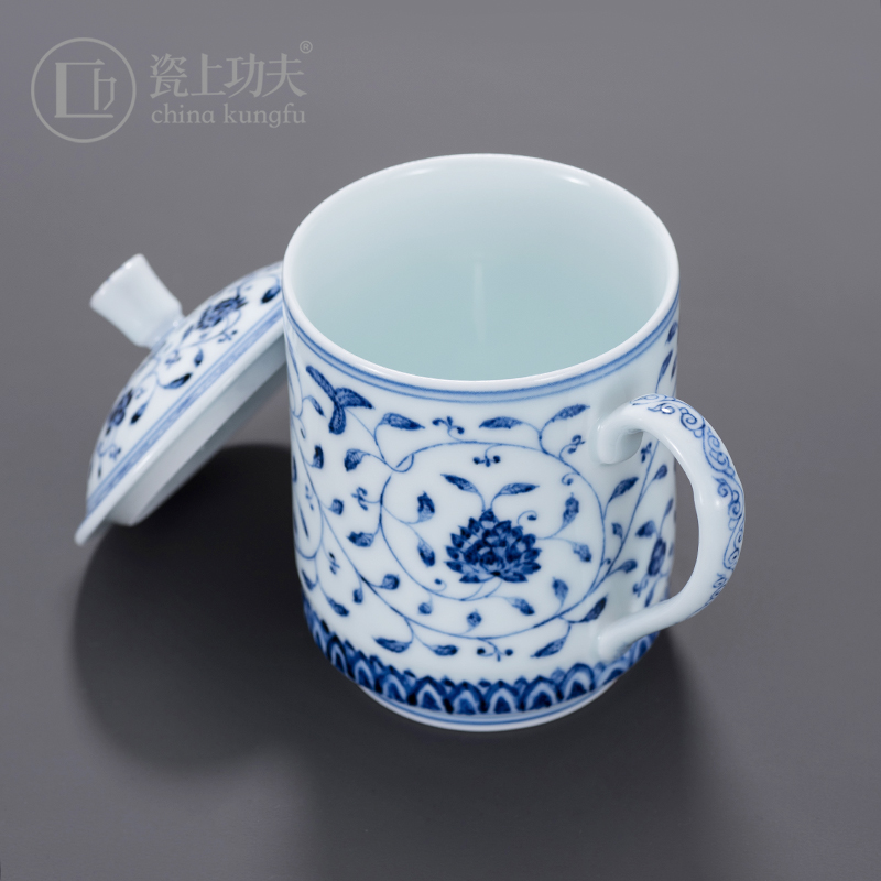 Jingdezhen pure manual hand - made office hand green ceramic tea set tea cups kung fu large capacity cups with cover