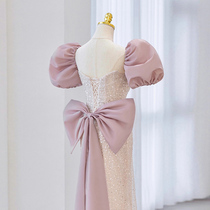 Banquet evening dress 2023 New high - end luxury luxury celebrity party Bubble Sleeve Tail Bride Toast suit