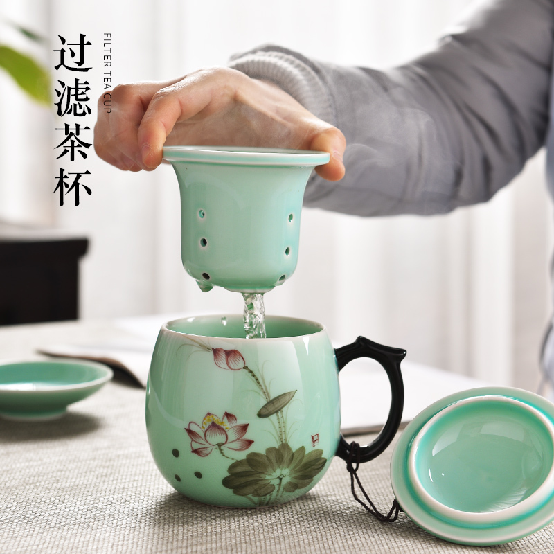 Ceramic cups a single female glass with cover filter longquan celadon office master cup tea cup lotus cup
