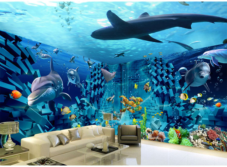 3d海底世界餐厅壁画海洋儿童房间卧室壁纸海豚游泳馆主题背景墙纸