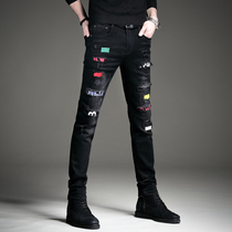 High-end printed broken hole spring and summer new jeans male embroidered damp male pants 100 hitch a little foot long pants man