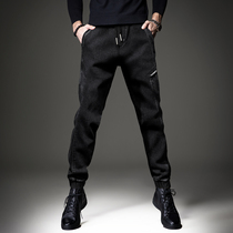 men's autumn winter black workwear jeans with fleece loose straight fashion brand thick leg casual long pants