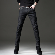 men's Korean style trendy autumn fleece jeans men's stretchy slim fit casual fashion black pants