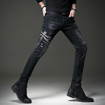 High color original Dragonfly embroidered jeans mens Tide brand broken hole Korean version of slim feet trend long pants mens autumn