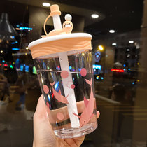 Simple cute cartoon straw water cup ins wind girl small fresh hand cup Net red creative personality milk tea cup