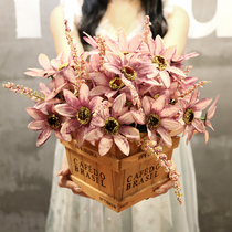 American retro simulation fake bouquet potted nostalgic wood art furnishings living room decorations home plastic silk flower ornaments