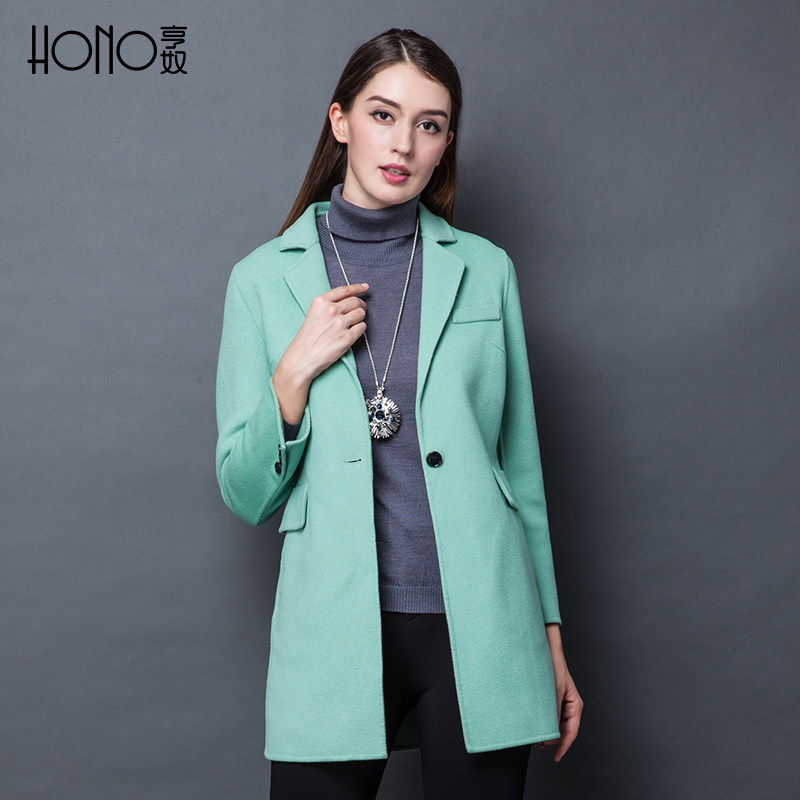 亨奴2017冬季新品欧美直筒翻领羊毛呢大衣纯色中长款毛呢外套女_7折
