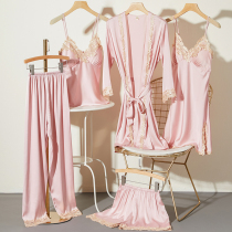 Summer robe female spring and autumn ice silk red wedding pajamas wedding sexy silk nightgown