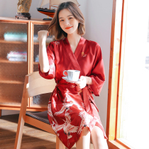 Nightgown Ice Silk spring and autumn wedding couple pajamas female thin simulation silk wedding morning gown wedding robe new long bathrobe male