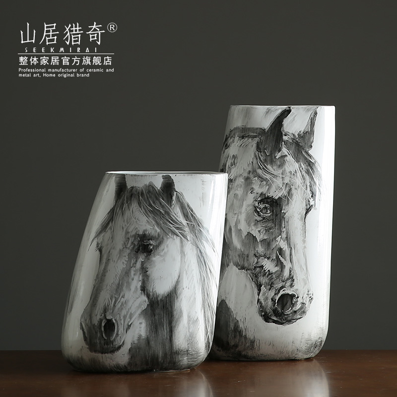 Nordic new Chinese hand - made ink horsehead ceramic vases, large flower arranging flowers sitting room porch decorate furnishing articles