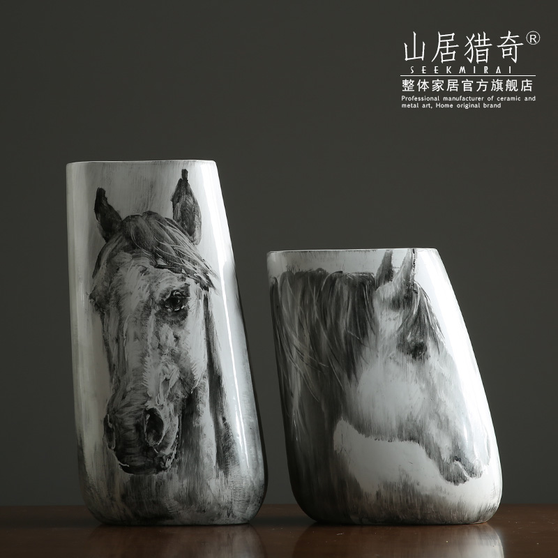 Nordic new Chinese hand - made ink horsehead ceramic vases, large flower arranging flowers sitting room porch decorate furnishing articles