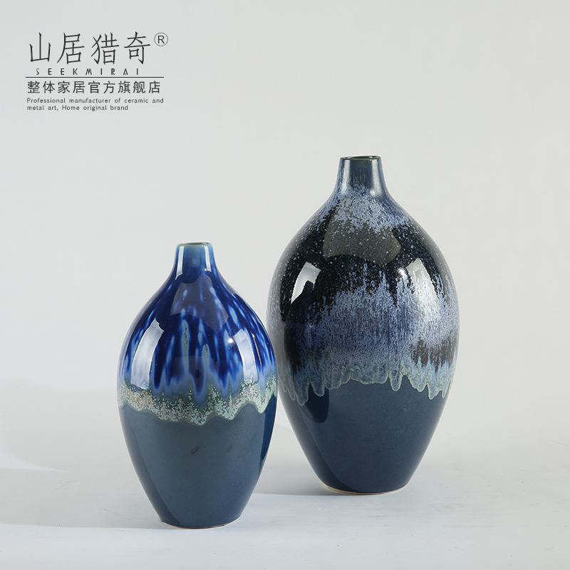 Variable blue porcelain vase furnishing articles creative fashion living room table dry flower, flower implement small expressions using round bottle arranging flowers