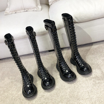 Patent leather but knee muffin thick-soled high-barrel boots womens 2020 autumn and winter new lace-up leather boots boots knight boots