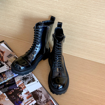 Side zipper leather muffin thick bottom round head lace-up booties Womens autumn and winter patent leather heightening Martin Boots Motorcycle boots