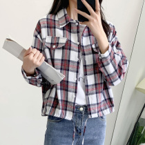 Spring and Autumn 2021 Korean version of the new student loose slim polished shirt retro long sleeve short plaid shirt Women