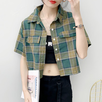 Plaid Shirt Woman Retro Loose Korean Version Student Design Sensation Small Crowdport Taste Chic Short Sleeve Shirt 2021 Summer