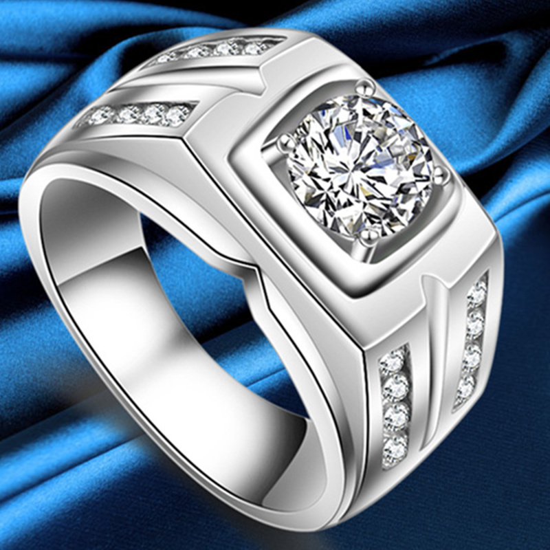 s925纯银戒指大男戒老板镀白金镶仿钻石锆石商务传统大号宽版霸气_7折