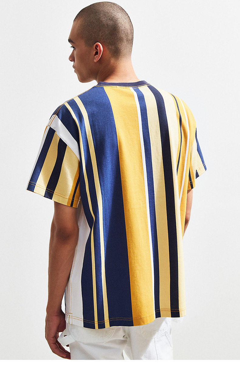 潮流宽竖条纹t恤 urban outfitters复古撞色老爹落肩短袖男上衣新