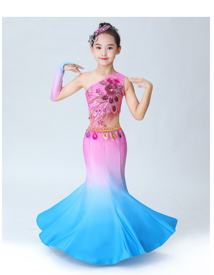 新款儿童傣族舞蹈服装表演孔雀服女童长款女鱼尾裙演出服长袖