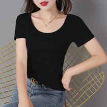 Black short sleeve T-shirt female Xia u collar low collar tight with back half sleeve beauty back pure cotton open collarbone sexy hit bottom