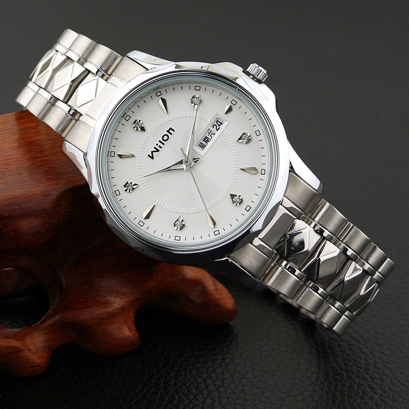 威龙手表双日历钢带男表休闲情侣表闪耀水钻进口机芯石英表女表_5折