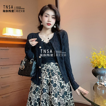 Early autumn knit cardigan floral skirt set 2021 temperament black coat retro interior lace beauty back