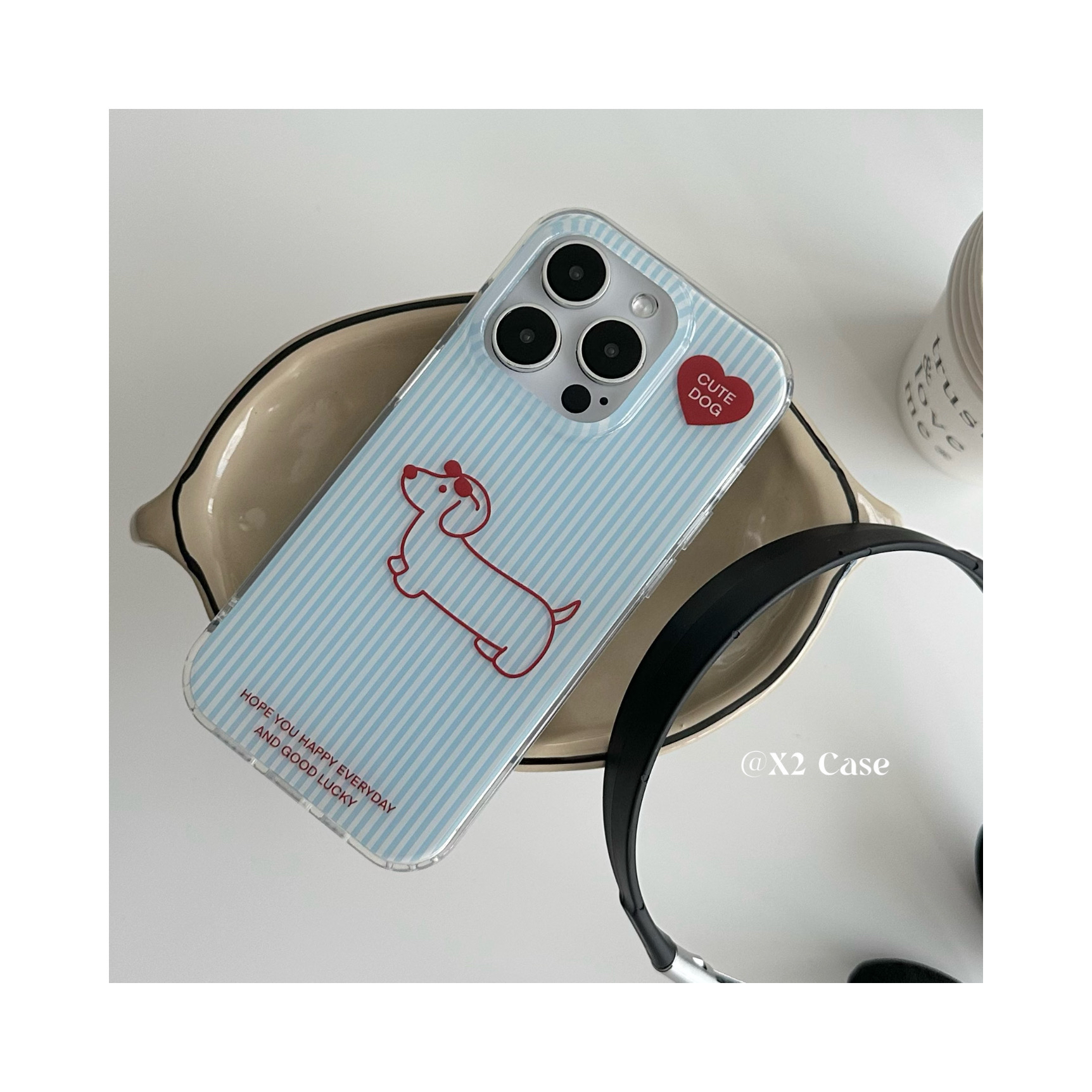 x2 case趣味可爱蓝白竖条纹简笔画小狗狗适用苹果15promax手机壳